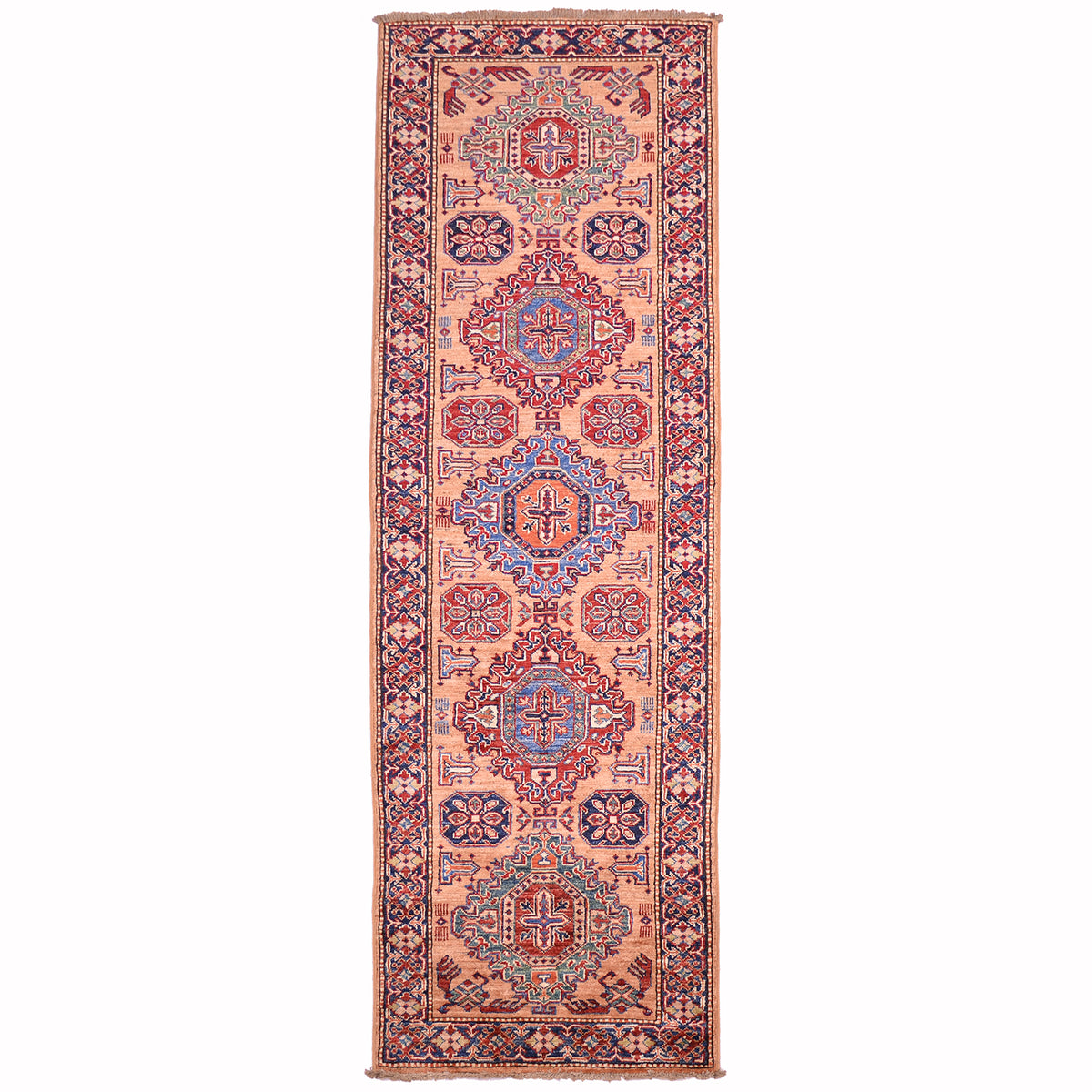 Fine Kazak Peach colour Handmade runner with geometric 5 medallion design on a peach ground.
