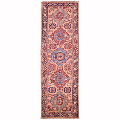 Fine Kazak Peach colour Handmade runner with geometric 5 medallion design on a peach ground.
