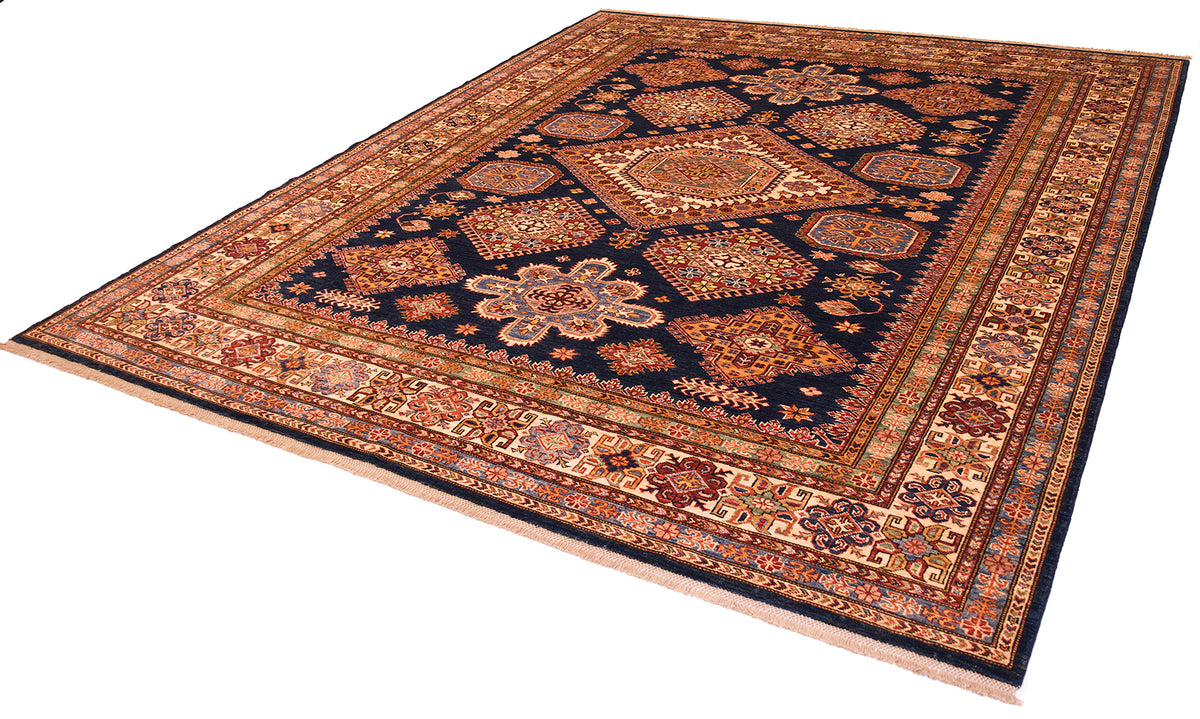 Navy kazak rug with geometric center medallion and terracotta patterned edge