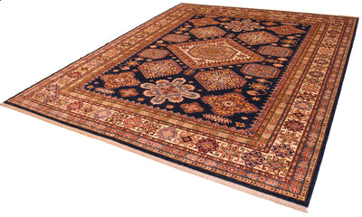 Navy kazak rug with geometric center medallion and terracotta patterned edge