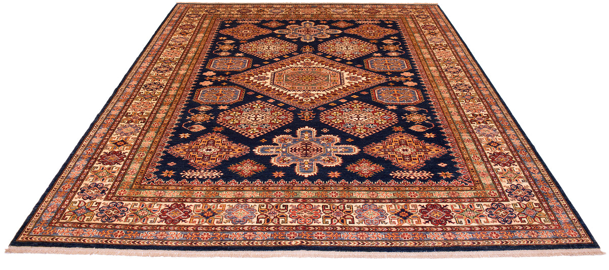 Navy kazak rug with star-like medallion and detailed geometric frame border
