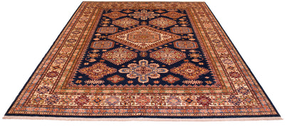 Navy kazak rug with star-like medallion and detailed geometric frame border