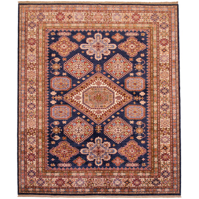 Handmade navy kazak rug with central medallion and multicolor geometric border