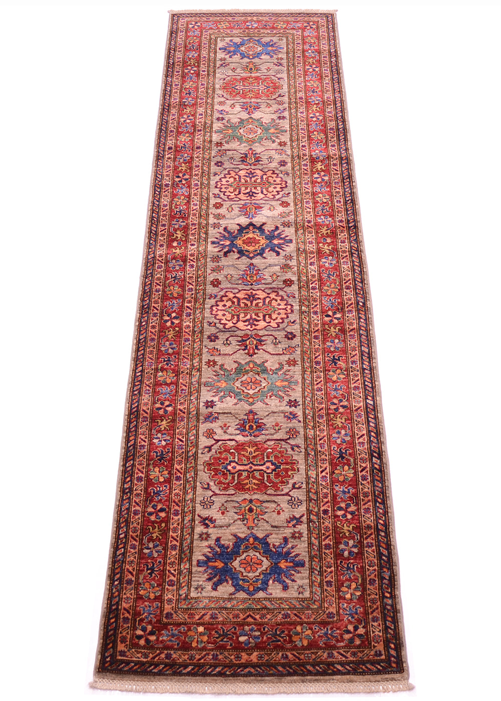 A long Afghan handmade fine Kazak Runner with an intricate traditional pattern in red, grey, blue, and green, shown flat against a white background.