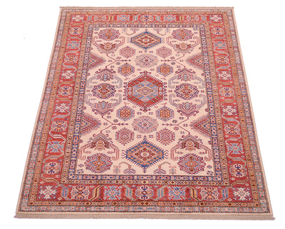A rectangular traditional Afghan Kazak area rug with an intricate geometric and floral pattern, featuring a cream centre field, red borders, and blue accents, shown flat against a white background.