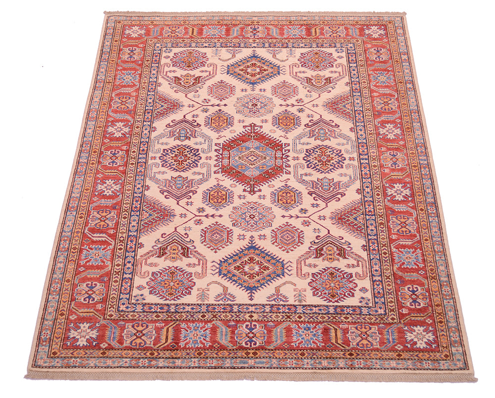 A rectangular traditional Afghan Kazak area rug with an intricate geometric and floral pattern, featuring a cream centre field, red borders, and blue accents, shown flat against a white background.