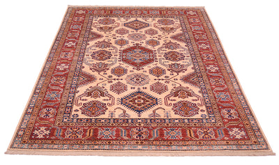 A traditional oriental Afghan Kazak handmade carpet with a beige centre field, red borders, and blue and orange geometric floral motifs, shown flat against a white background.