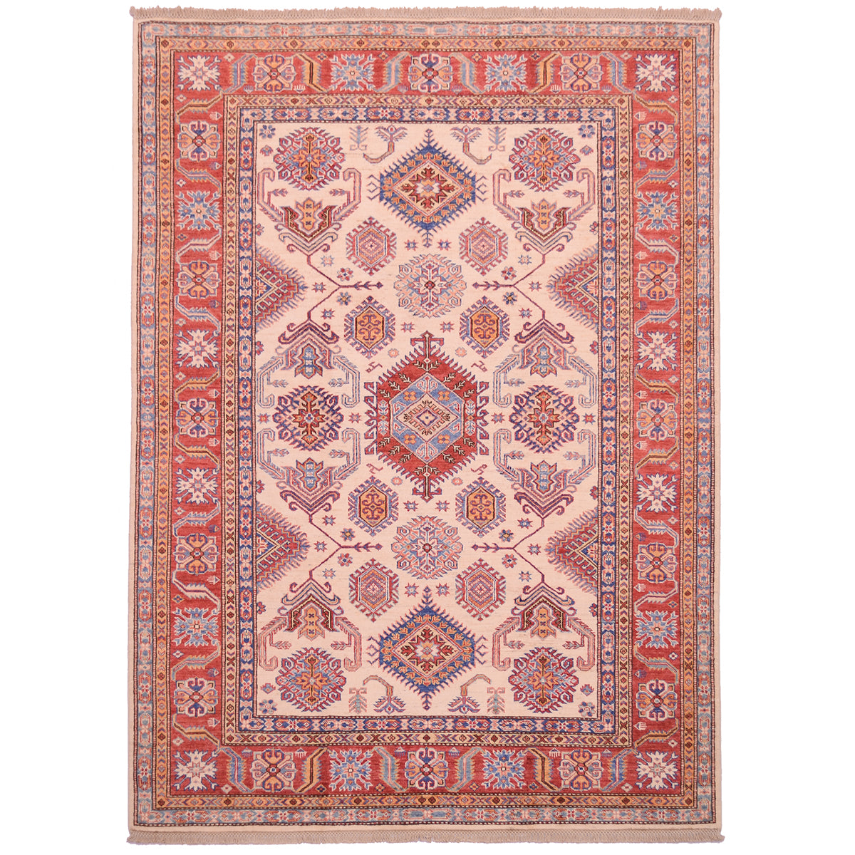 Fine handmade Afghan Kazak carpet with beige field and red border plus geometric pattern.