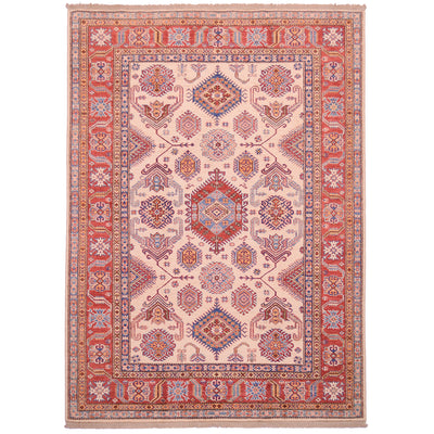 Fine handmade Afghan Kazak carpet with beige field and red border plus geometric pattern.