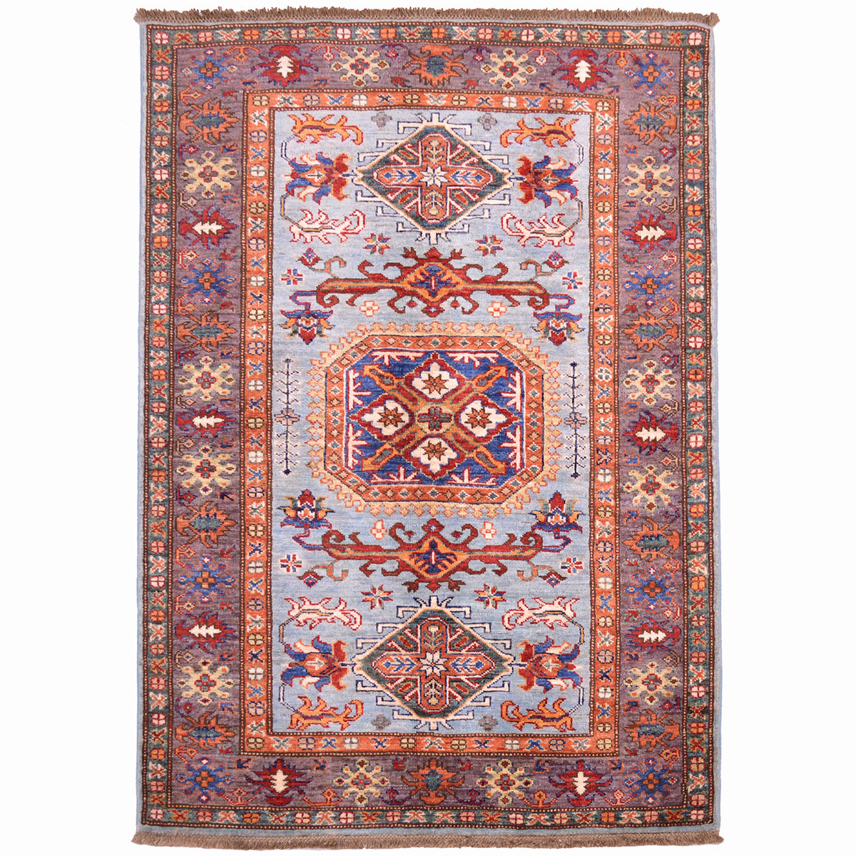 Fine light blue Afghan Kazak rug with aubergine border and geometric design.