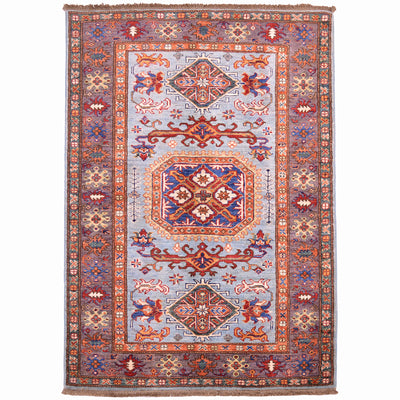 Fine light blue Afghan Kazak rug with aubergine border and geometric design.