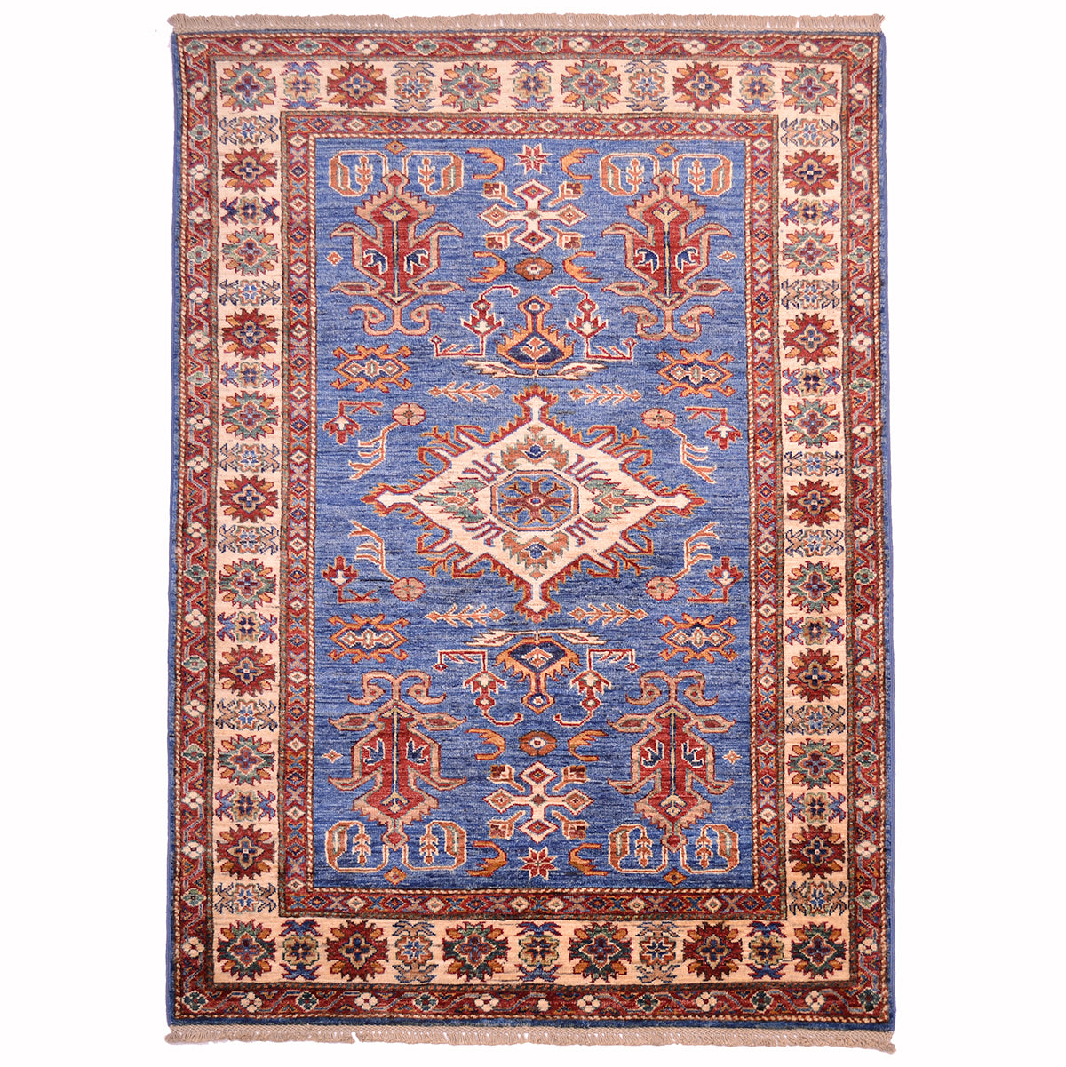 Handmade Fine Kazak Rug with blue field with beige border.