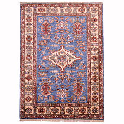 Handmade Fine Kazak Rug with blue field with beige border.