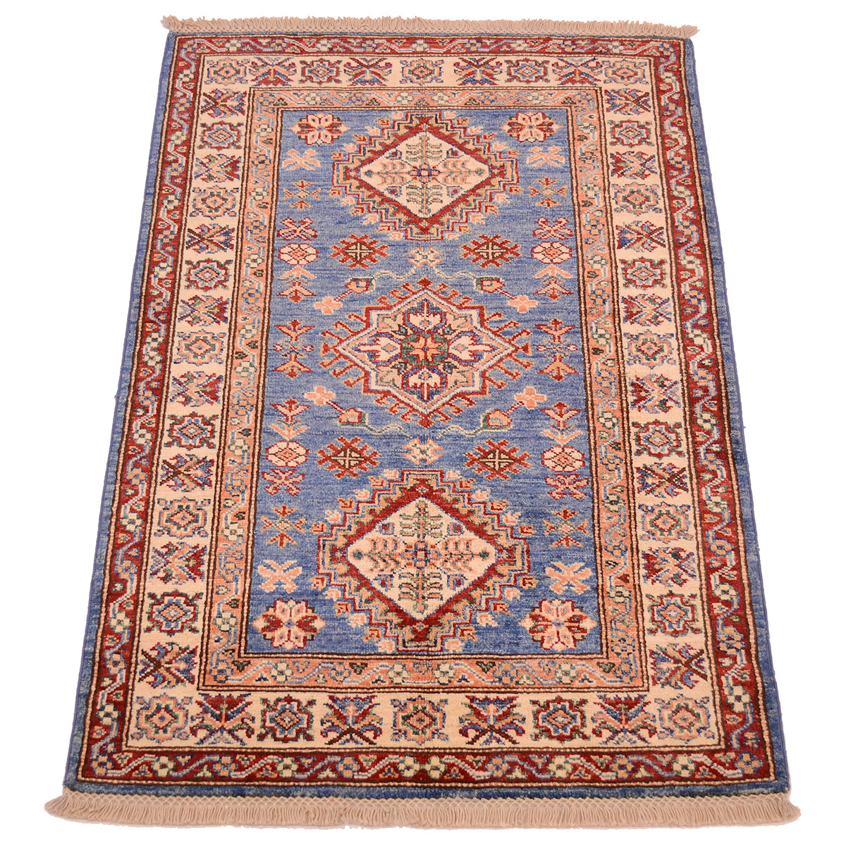 A 4x2'8 traditional rectangular Afghan Fine Kazak Small rug with a blue field, red and beige borders, and central medallions, shown flat against a white background.