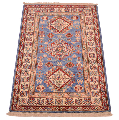 A 4x2'8 traditional rectangular Afghan Fine Kazak Small rug with a blue field, red and beige borders, and central medallions, shown flat against a white background.