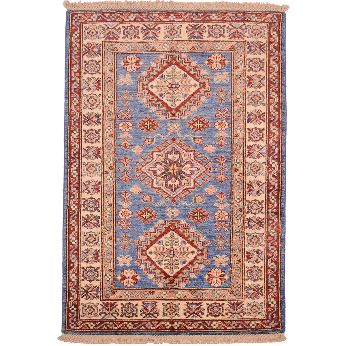 Afghan Fine Kazak Small Rug with light blue field with beige borde and geometric design with triple medallion.