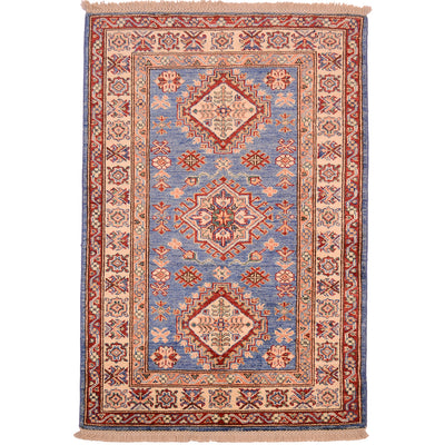 Afghan Fine Kazak Small Rug with light blue field with beige borde and geometric design with triple medallion.