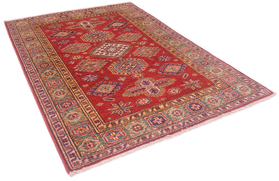 A traditional oriental area Afghan rug with a red field, intricate geometric medallions, and a detailed multi-colored border, shown from an elevated angle on a white background.