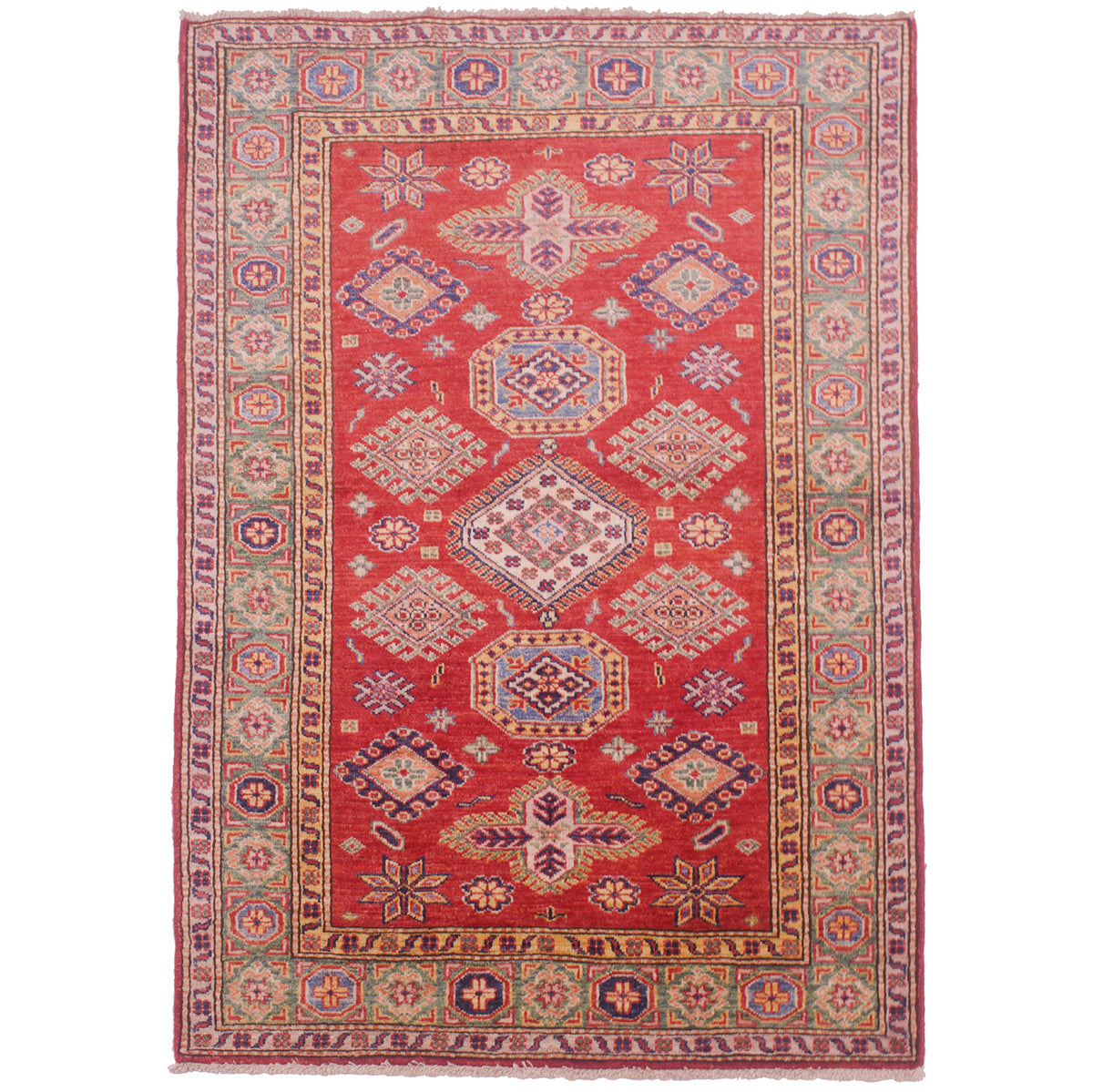 Fine red handmade Afghan Kazak Rug with green border & geometric design.
