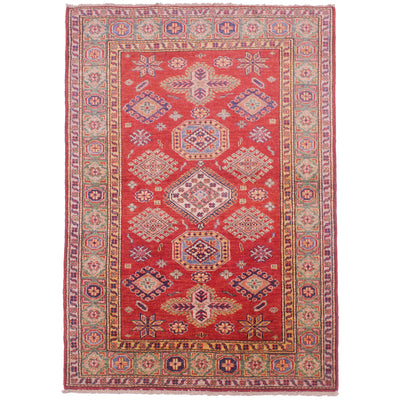 Fine red handmade Afghan Kazak Rug with green border & geometric design.
