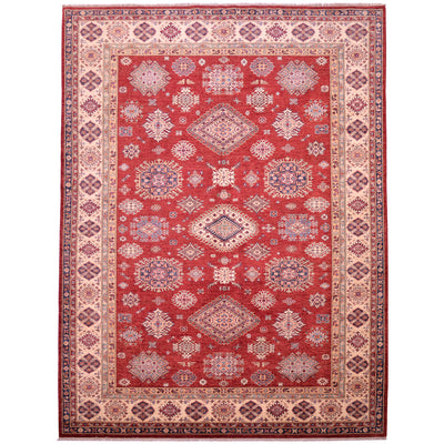 Large handmade red fine Kazak carpet with all over geometric design and beige border.
