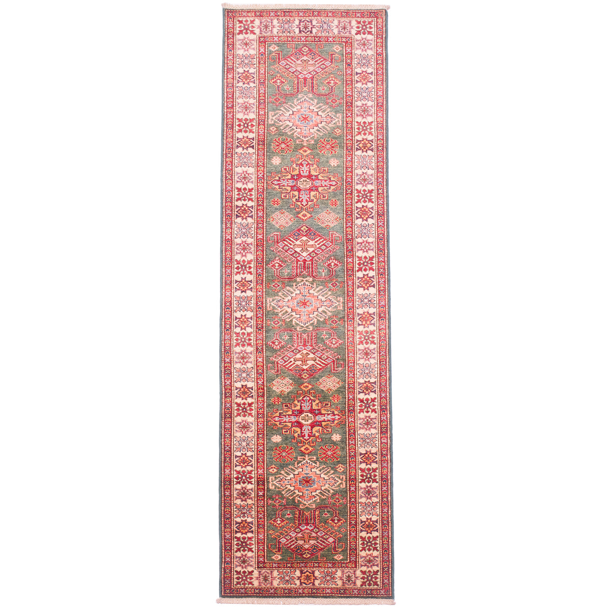 Fine handmade green Afghan Kazak runner with geometric design of 9 medallions.