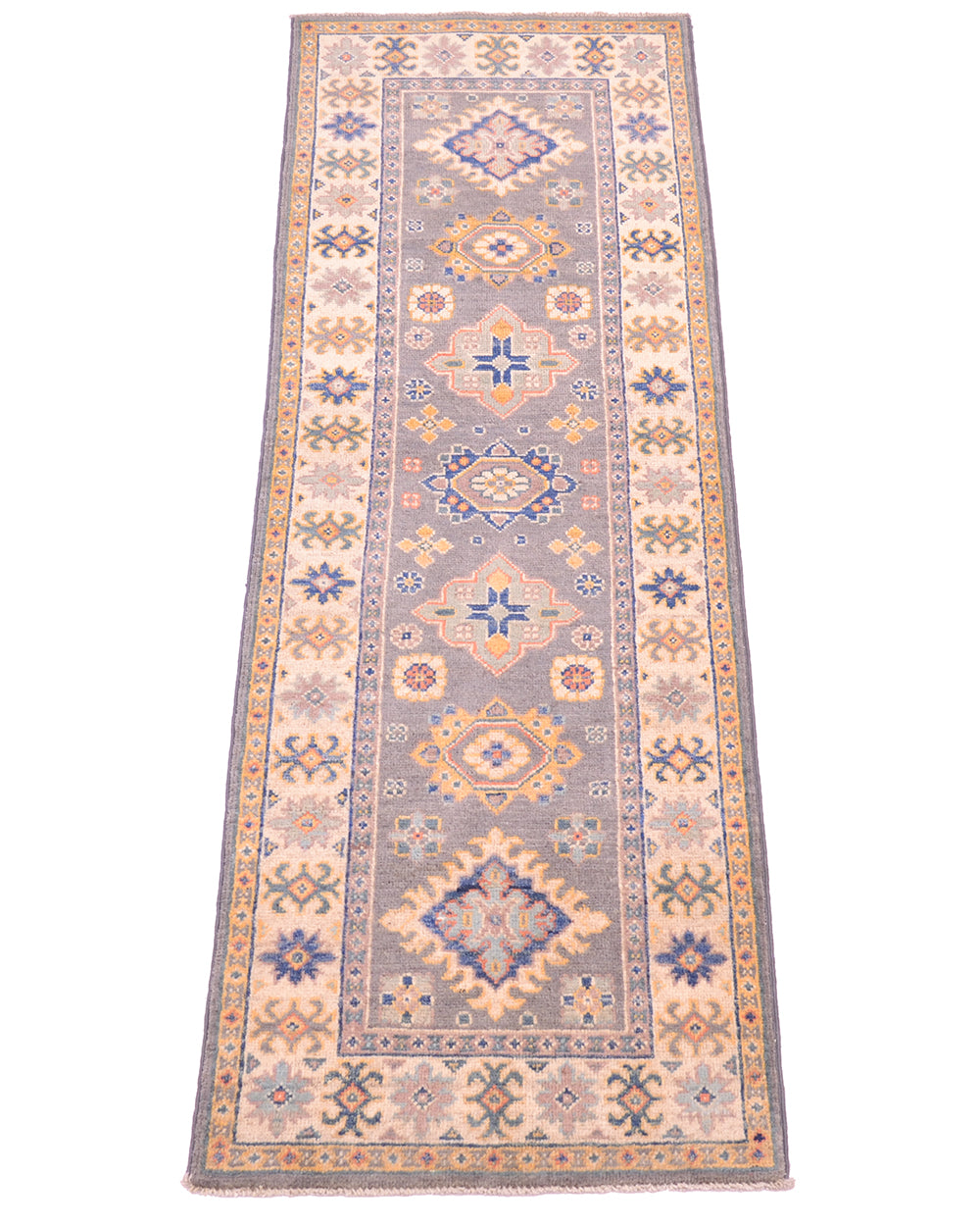 A Grey Handmade Kazak Strip with an intricate geometric and floral pattern, featuring a central field of dusty blue-gray, beige, and orange, surrounded by a matching patterned border on a white background.