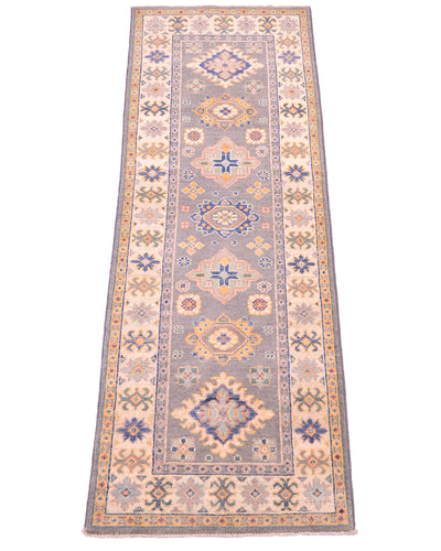 A Grey Handmade Kazak Strip with an intricate geometric and floral pattern, featuring a central field of dusty blue-gray, beige, and orange, surrounded by a matching patterned border on a white background.