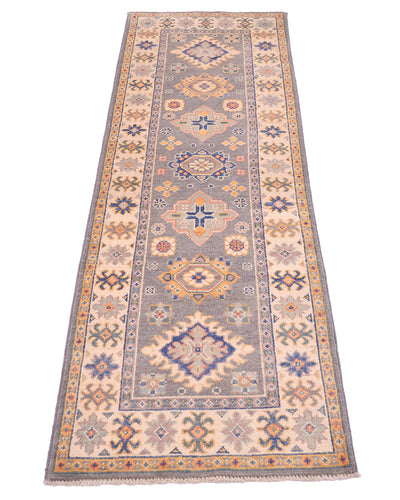 A long rectangular Afghan Kazak strip with a traditional geometric pattern in beige, grey, blue, and orange, shown flat against a white background.