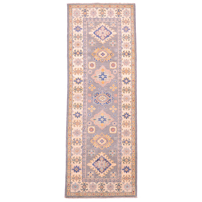 Grey Handmade Kazak Strip/ runner rug with geometric design & cream border.