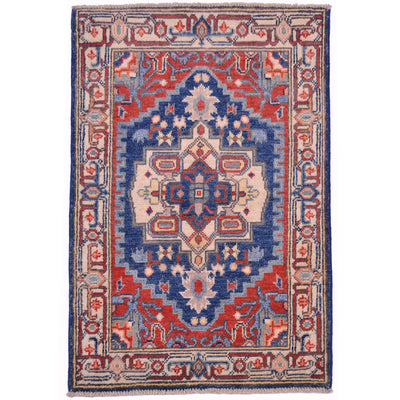 Heriz-design Afghan Kazak rug with navy, red, and cream geometric medallion pattern.