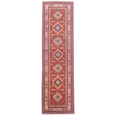 Traditional Kazak runner with rust-red field, beige border & geometric 7 medallion design.