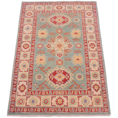 A rectangular Afghan Sea Green Kazak Rug rug with a traditional geometric pattern, featuring a light blue-green centre field, red and beige medallions, and a red border, shown flat against a white background.