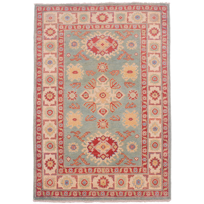 Afghan Kazak Rug, sea-green colour with geometric medallion design.