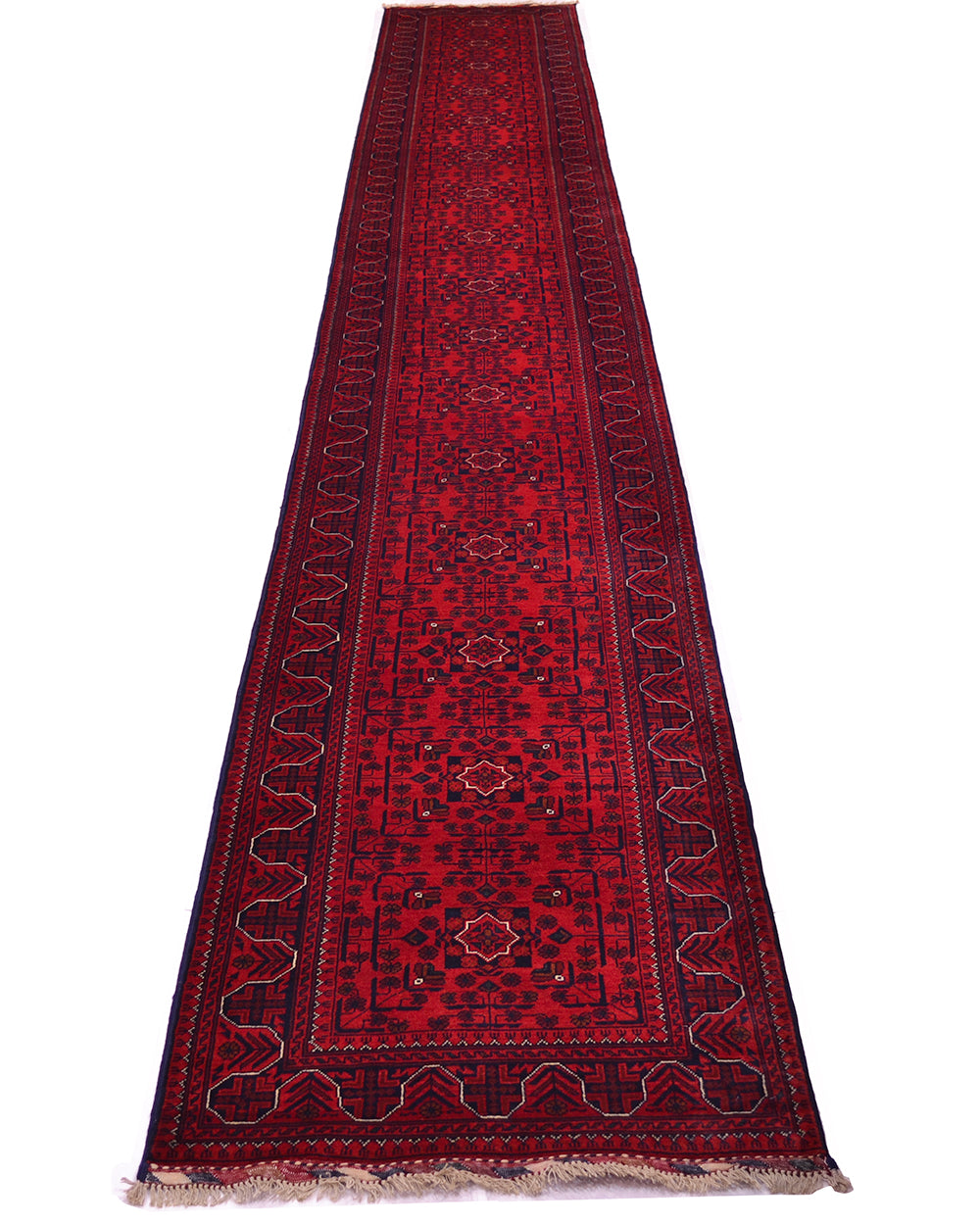 A long red Afghan runner rug with intricate navy blue and beige geometric patterns, shown flat against a white background.