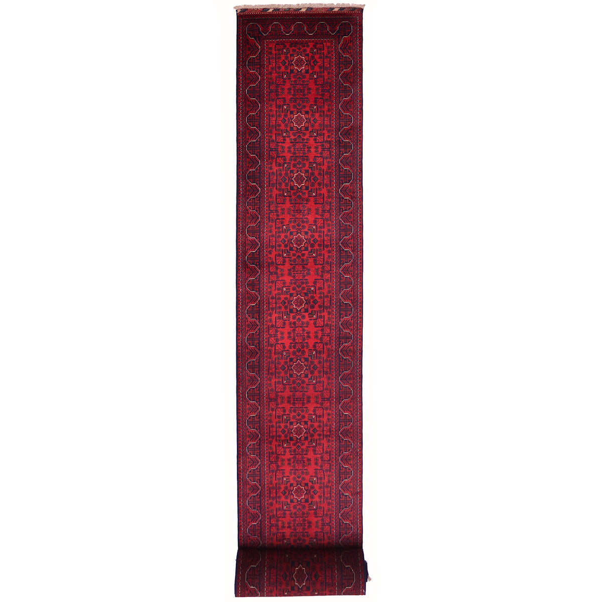 Traditional hand-knotted wool pile red and black Afghan extra long Khal Mohamadi runner with geometric design.