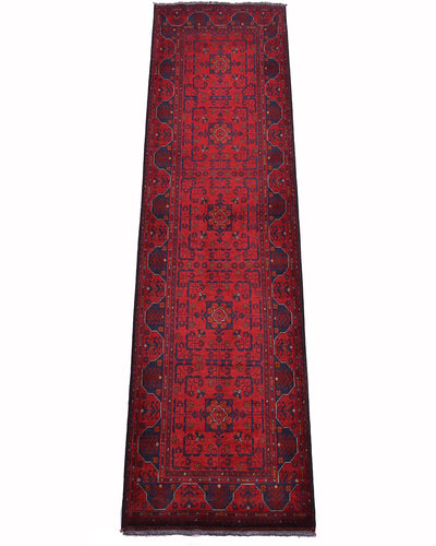A long runner rug in red with a dark navy blue border and central 5 medallion pattern, shown flat against a white background.
