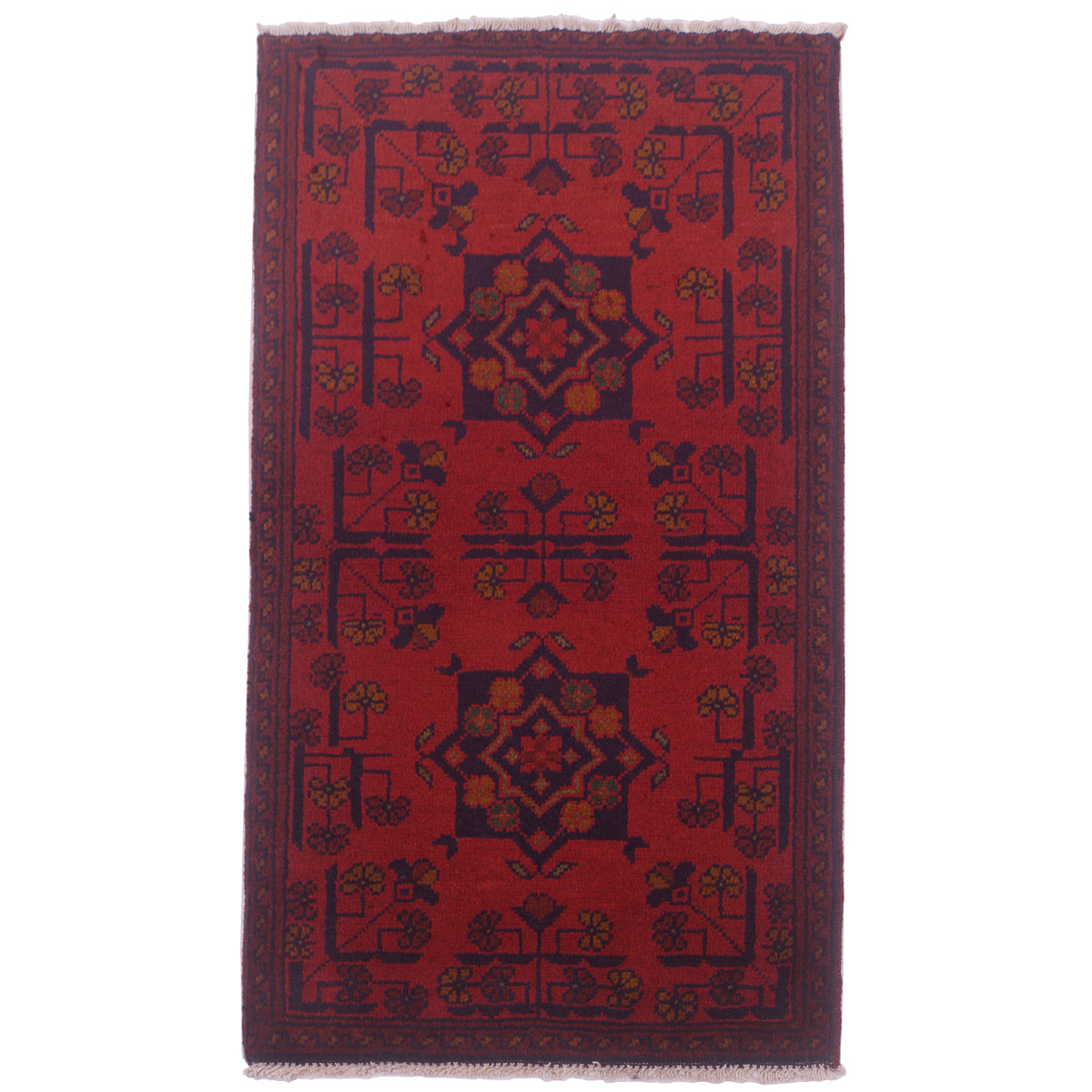 Afghan Khan Mohamadi Mat with rich orangey-red primary colour along with dark blue/black.