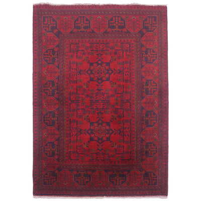 Red and black Khan-Mohamadi rug with geometric design.