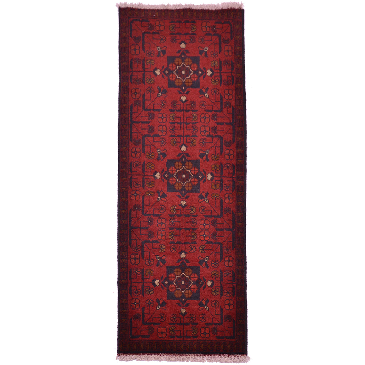 Orangey-red and dark blue hand knotted wool pile Afghan khan strip with traditional geometric design.