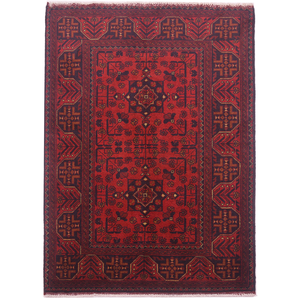 Hand-knotted wool pile Khan Mohamadi Afghan Rug in brown-red colour with blue-black & geometric traditional design.