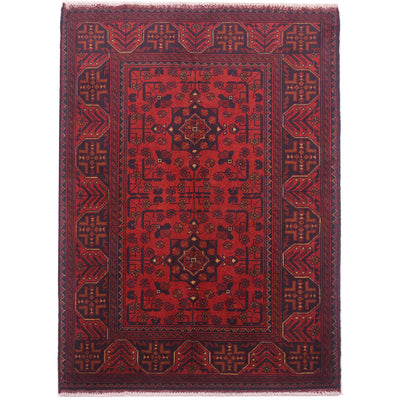Hand-knotted wool pile Khan Mohamadi Afghan Rug in brown-red colour with blue-black & geometric traditional design.