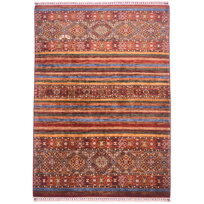 Handwoven Afghan Khorjin Rug with multicoloured theme of patterns and stripes.