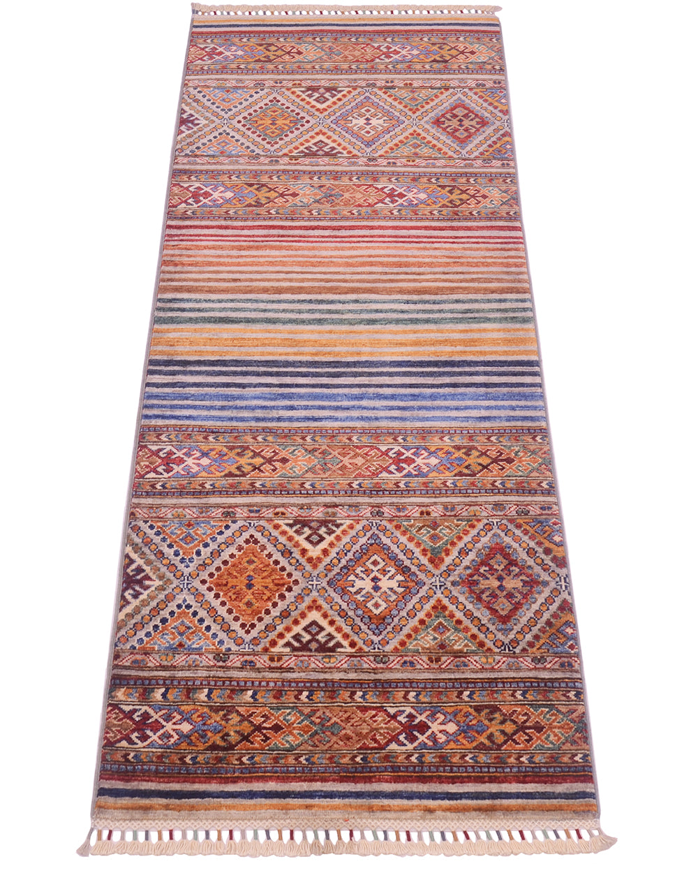 A 2m long rectangular Afghan Khorjin Runner with a traditional geometric pattern in warm terracotta, rust, orange, beige, and muted blue tones, shown flat against a white background.