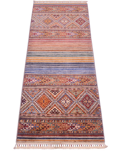 A 2m long rectangular Afghan Khorjin Runner with a traditional geometric pattern in warm terracotta, rust, orange, beige, and muted blue tones, shown flat against a white background.