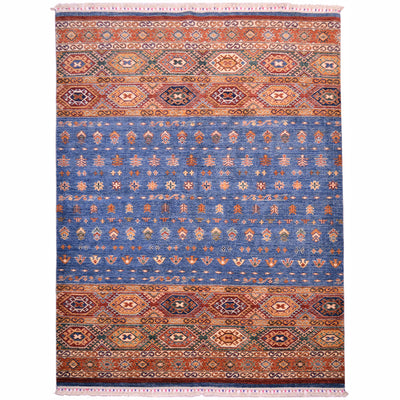 Afghan blue Khorjin carpet blue with multi-colour end panels.