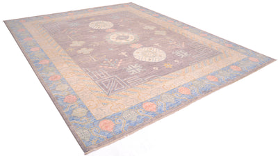 Angled view of Handknotted Afghan Khotan design carpet with soft colours of gold, cream, powder blue, coral pink and cream with a soft grey main field colour. Shown on a white background.