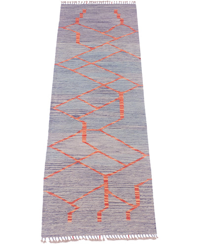 A 2m long rectangular Modern design Kilim runner rug with a textured heathered blue-grey base and a repeating coral-orange geometric diamond pattern, finished with white fringe on both ends.