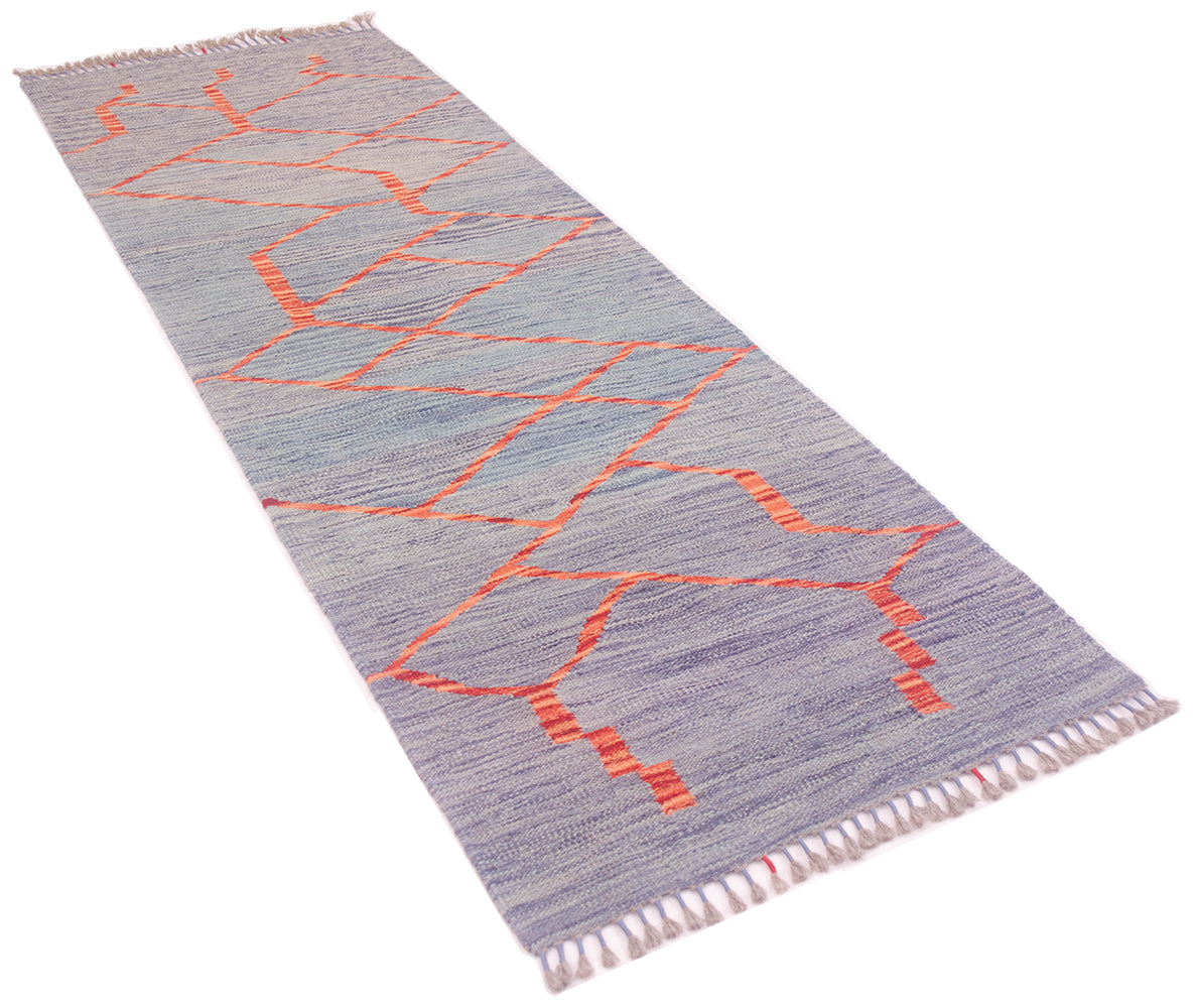 A 6ft6 long rectangular handwoven Afghan modern design Kilim runner rug with fringe on both ends, featuring a textured slate blue-grey base with a geometric pattern of bright orange lines.