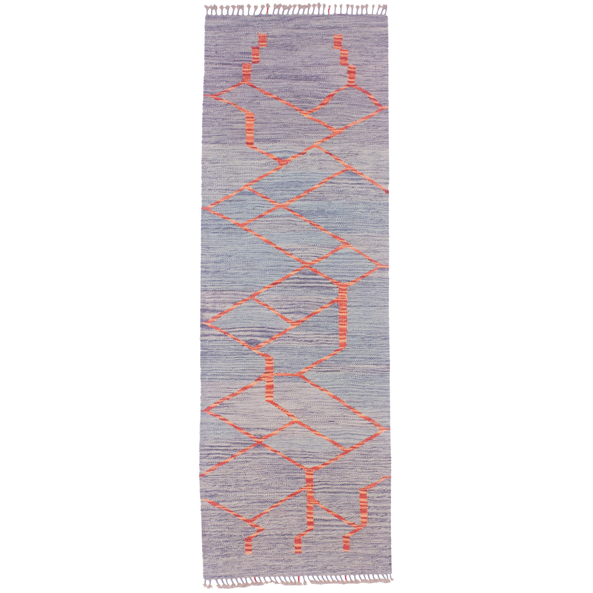 Afghan handwoven Modern Kintsugi design Kilim runner with bluish main colour with variations of shade & rust design.